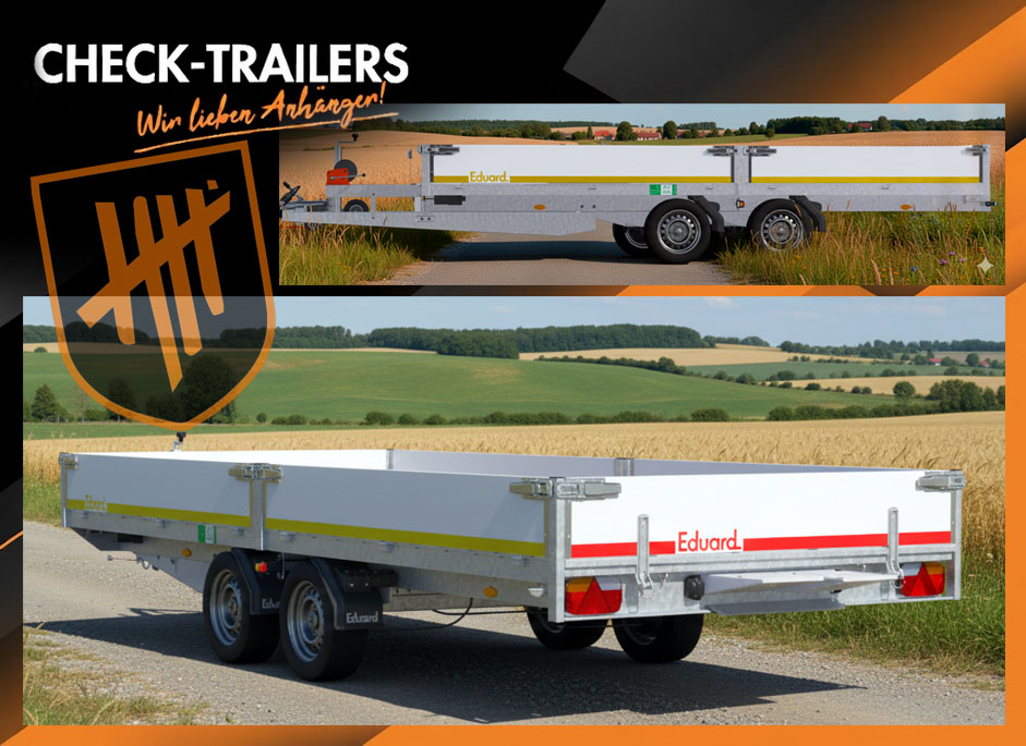 Eduard 5 x 2 m 3500 kg- Plateauanhänger, 30 cm Bordwände, Doppelachser, gebremst, Rampen, Stützfüße