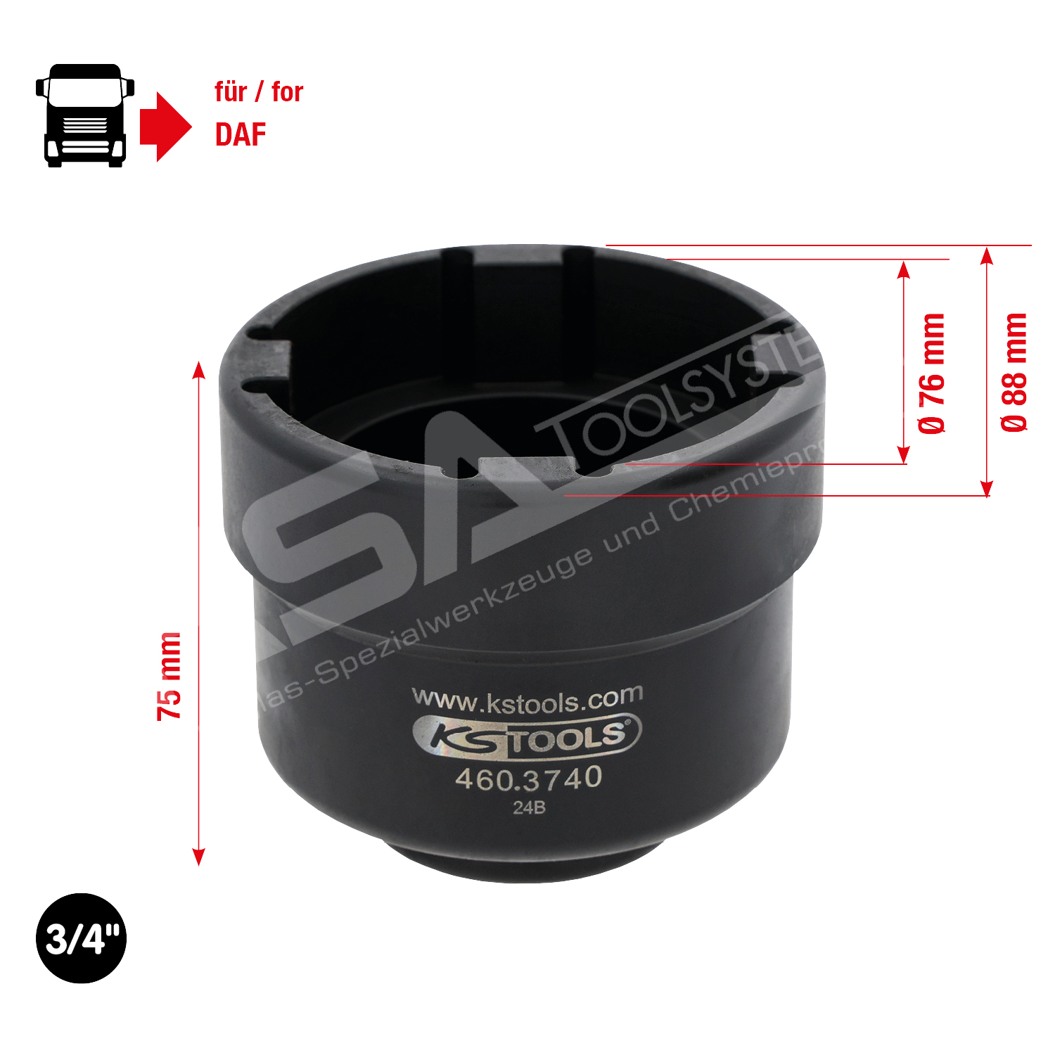3/4″ Nutmuttern-Schlüssel mit 4 Zapfen für DAF, Innenzapfen Ø 66,8 mm – Bild 3