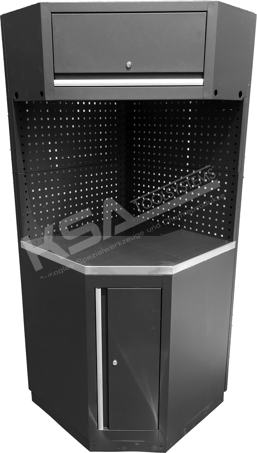 Werkstatt-Schranksystem Eck-Modul, Edelstahlarbeitsplatte