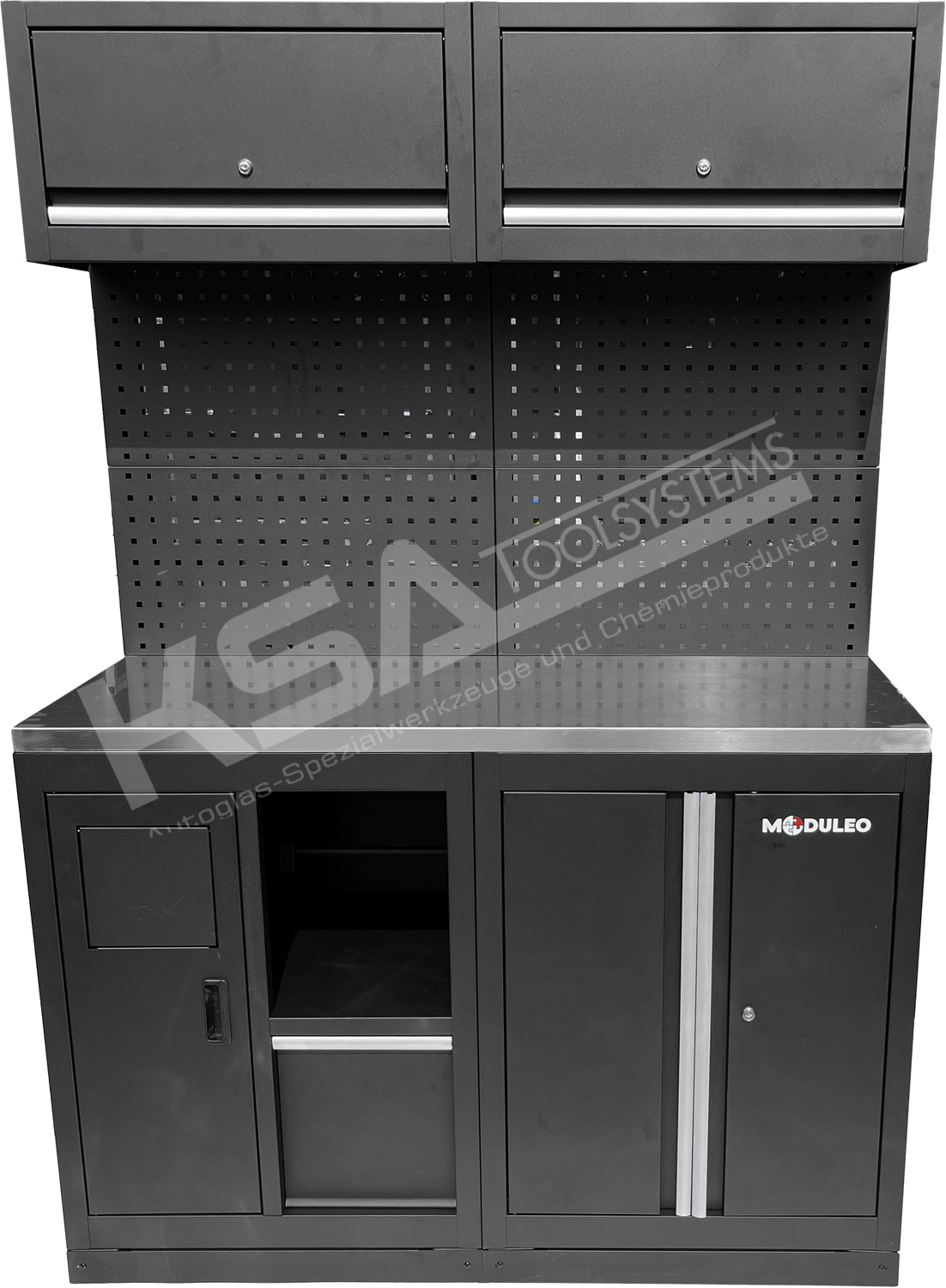 Werkstatt-Schranksystem-Erweiterungsmodul, Edelstahlarbeitsplatte, Abfallsystem mit Papierrollenhalter