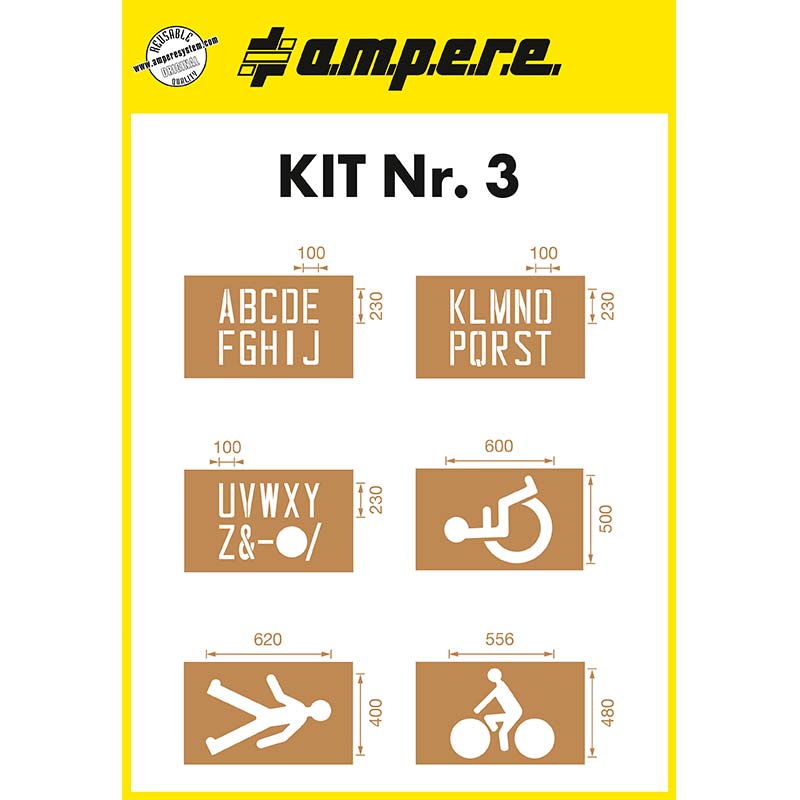 Schablonensatz KIT Nr. 3 mit Buchstaben und Fußgänger-, Radfahrer- und Behindertensymbol – Bild 2
